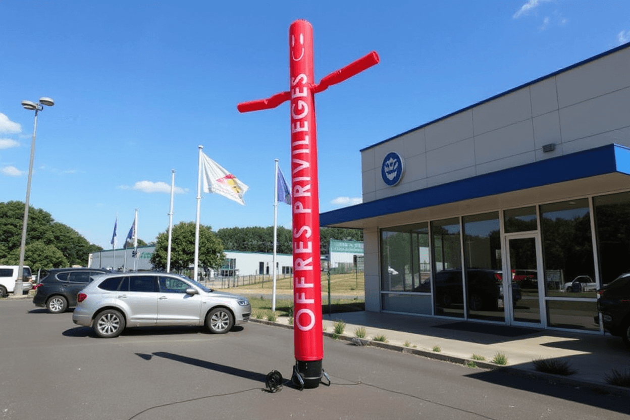 Air dancer gonflable PLV rouge devant un magasin